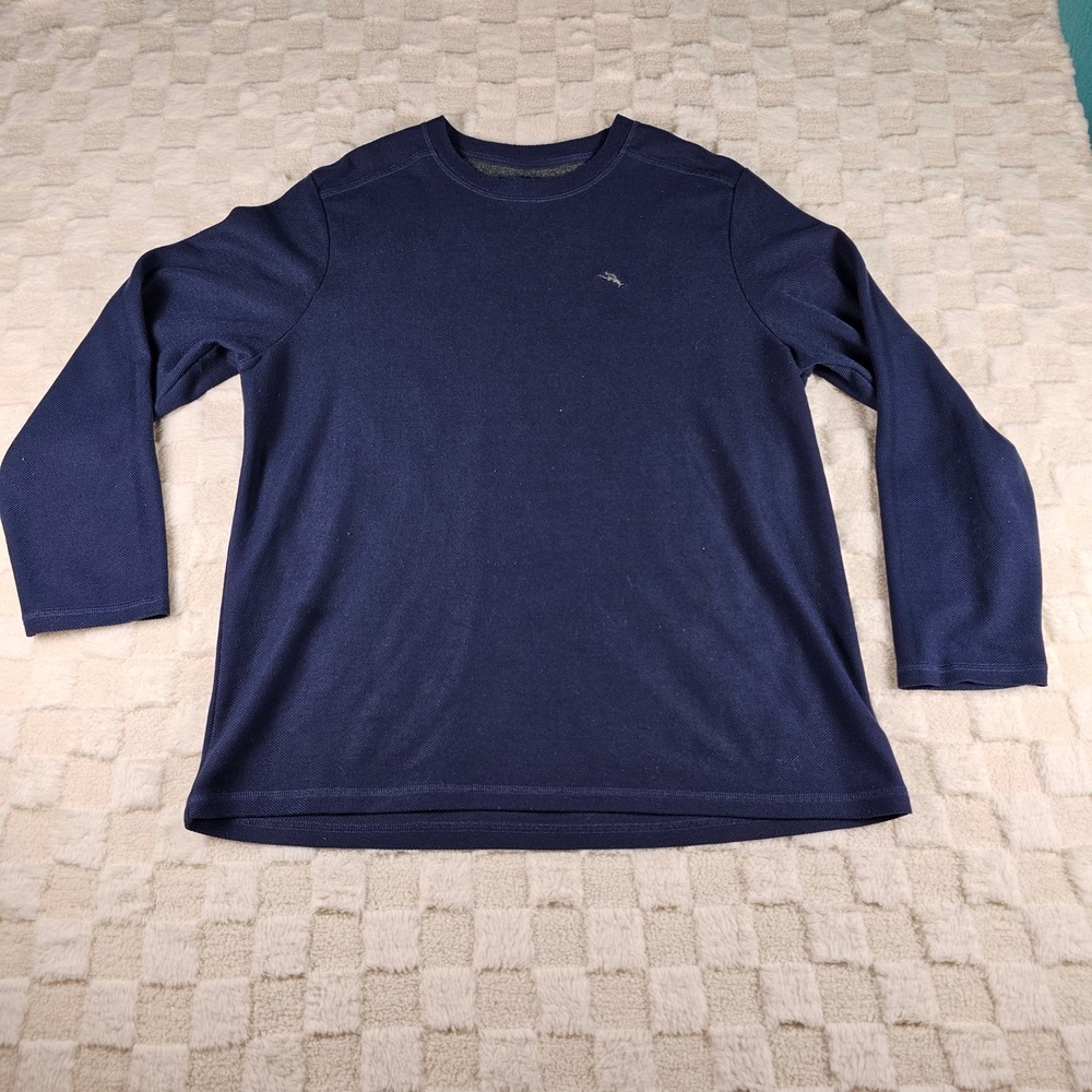 Tommy Bahama Mens XL Navy Blue Waffle Knit Long Sleeve Marlin Logo Shirt